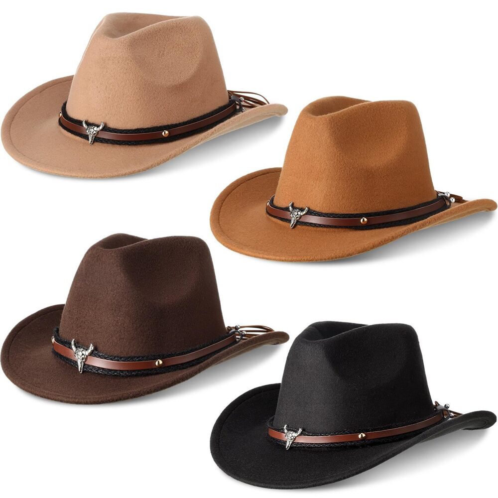 4168 4 Pcs Cowboy Hat Western Cowboy Cowgirl Hat with Belt Buckle Wide Brim